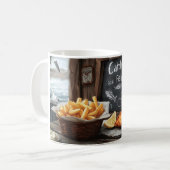 Klassische Fische und Chips und Schwarze Pappe Kaffeetasse (Vorderseite Links)