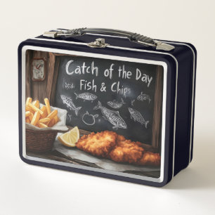 Klassische Fische und Chips und Schwarze Pappe Metall Brotdose