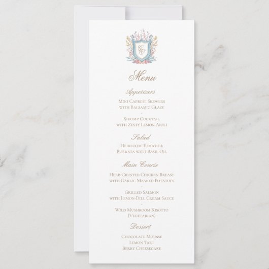 Klassische Florale Monogramm-Wappen-Hochzeits-Menü Save The Date (Vorderseite)