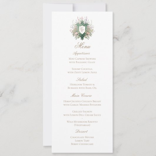 Klassische Florale Monogramm-Wappen-Hochzeits-Menü Save The Date (Vorderseite)