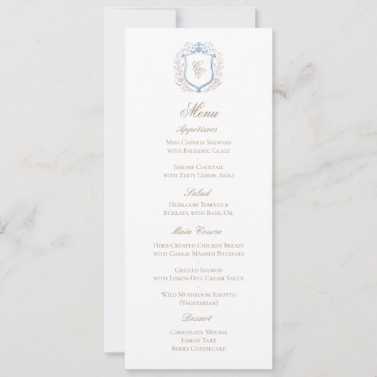 Klassische Florale Monogramm-Wappen-Hochzeits-Menü Save The Date (Vorderseite)
