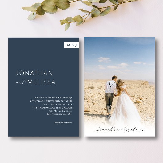 Klassische formale blaue Monogramm-Hochzeit Einladung