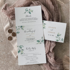 Klassische formale grüne Blätter Dreifache Hochzei Dreifach Gefaltete Einladung