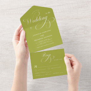 Klassische formelle limegrüne Kalligrafie-Hochzeit All In One Einladung