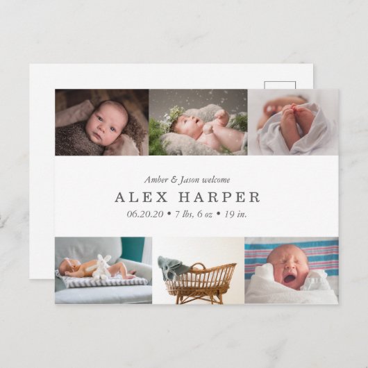 Klassische Foto-Collage Birth Ankündigungspostkarte (Vorne/Hinten)