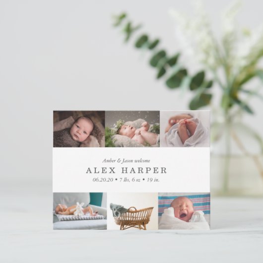 Klassische Foto-Collage Birth Ankündigungspostkarte (Stehend Vorderseite)