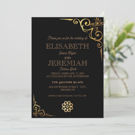 Klassische Foto-Hochzeit mit schwarzem Gold Einladung (Stehend Vorderseite)