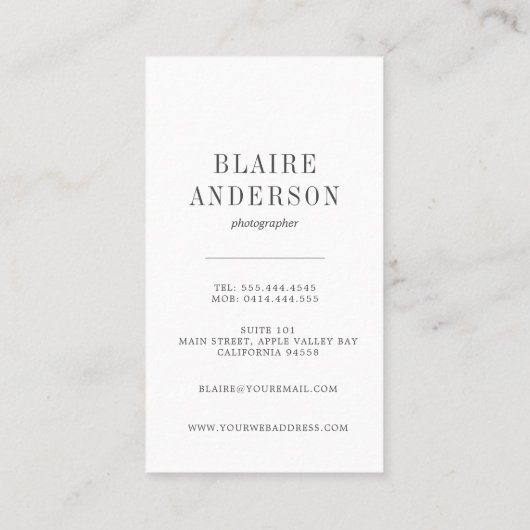 Klassische Fotograf-Vertikale der Visitenkarte-| Visitenkarte (Rückseite)