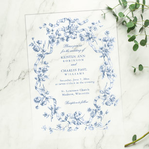 Klassische französische blaue Blumen- und Bänder-H Pergament Einladungen