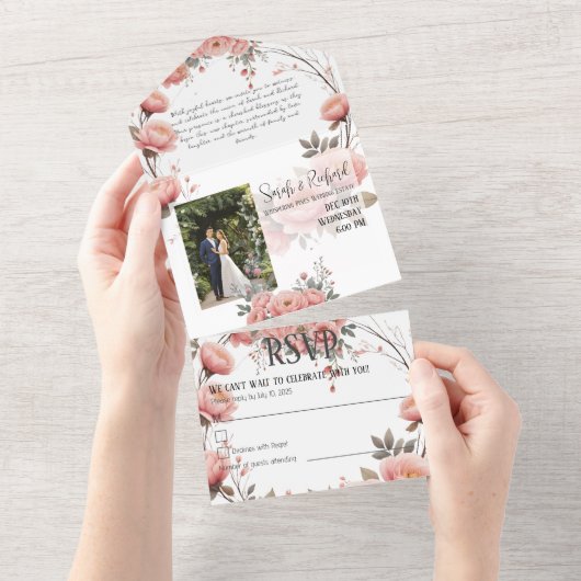Klassische Garten-Blumen-Tri-Fold-Hochzeitsfotos All In One Einladung (Abreißtisch)