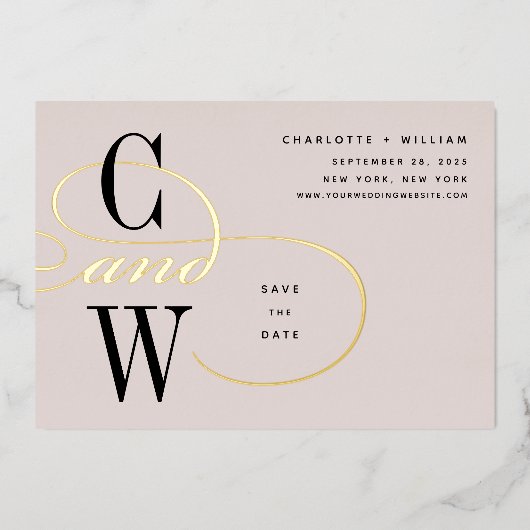 Klassische, Geblüht Monogramm-Save the Date-Karte Folieneinladung (Vorderseite)