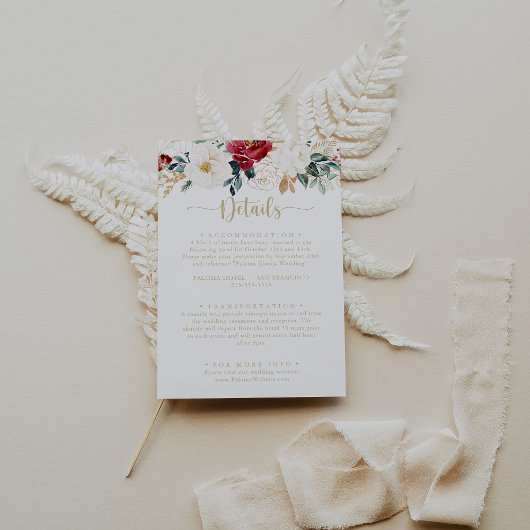Klassische Gold Burgund White Floral Wedding Detai Begleitkarte
