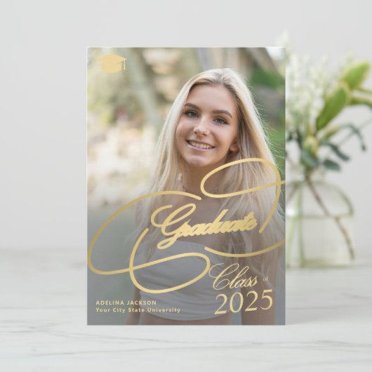 Klassische Gold Script-Foto-Klasse des Abschlusses Ankündigung (Stehend Vorderseite)