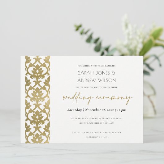 KLASSISCHE GOLDDAMASK-FLORALLE PATTERN-WEDD EINLADUNG (Stehend Vorderseite)