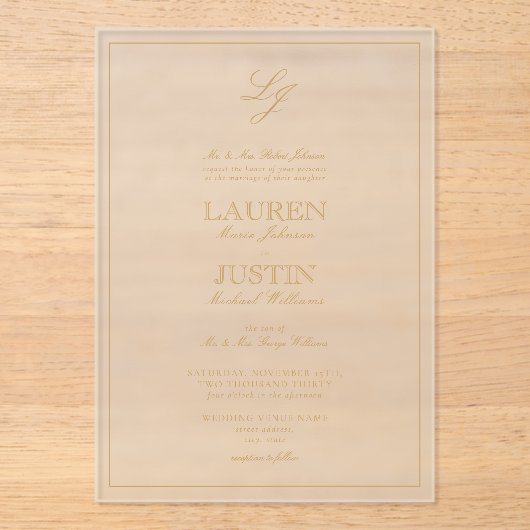 Klassische Goldkalligrafie-Script-Monogramm-Hochze Acryleinladungen (Vorderseite)