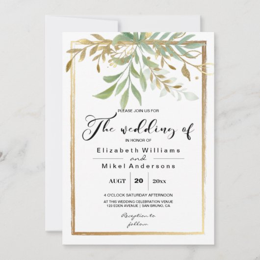 Klassische Grenze Goldene Blätter Hochzeit im Grün Einladung (Vorderseite)
