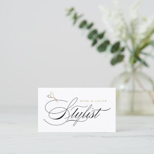 Klassische Hair Stylist Calligraphy Gold Scissors Visitenkarte (Stehend Vorderseite)