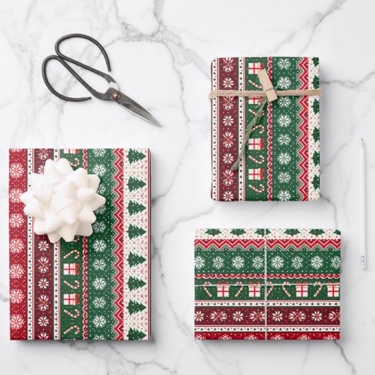Klassische hässliche Weihnachtspullover-Streifen Geschenkpapier Set (Vorderseite)