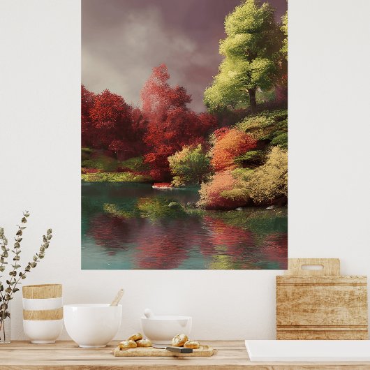 Klassische Herbstansicht eines Seebaums, Blätter Poster (Küche)