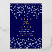 Klassische Hochzeit der floralen Navy mit Gold ret Folieneinladung (Vorderseite)