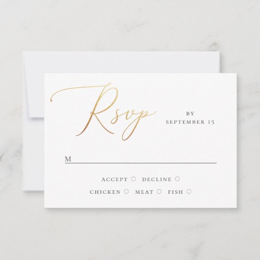 Klassische Hochzeit | Formelles Gold-Script RSVP Karte (Vorderseite)