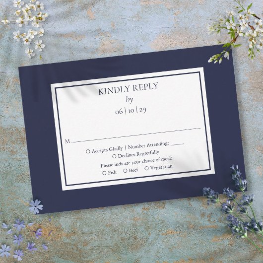 Klassische Hochzeit in Blau und Weiß RSVP Karte