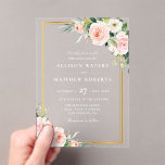 Klassische Hochzeit in Gold und Rosa Acryleinladungen<br><div class="desc">Dieses Design verbindet das Blumenmotiv Aquarell Rosa mit dem klassischen formalen Goldrahmen.</div>