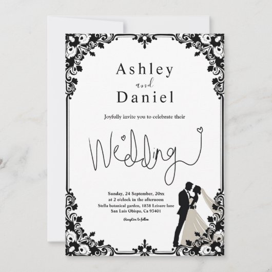 Klassische Hochzeit in Schwarz und Weiß Einladung (Vorderseite)