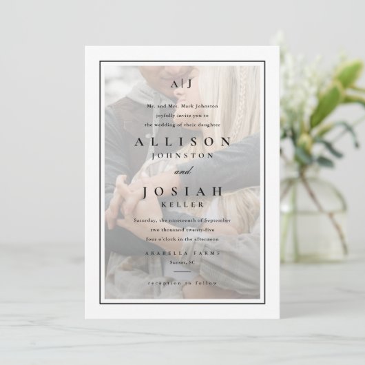 Klassische Hochzeit in Schwarz-Weiß-Foto Einladung (Stehend Vorderseite)