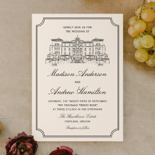 Klassische Hochzeit mit Anwesen-Illustration Einladung
