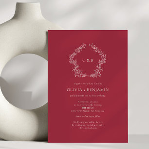 Klassische Hochzeit mit botanischem Kranz in Rubin Einladung