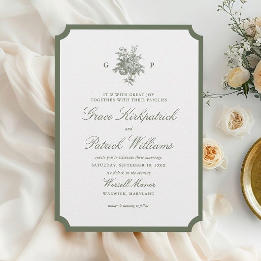 Klassische Hochzeit mit Salbeigrünem Rand-Monogram Einladung