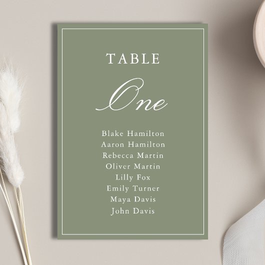 Klassische Hochzeit mit staubgrüner Schrift Tischnummer