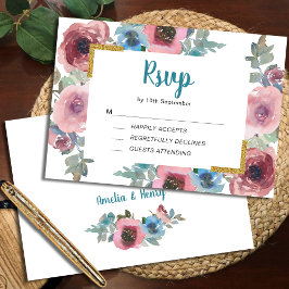 Klassische Hochzeit von Blauen und rosa Wasserfarb RSVP Karte
