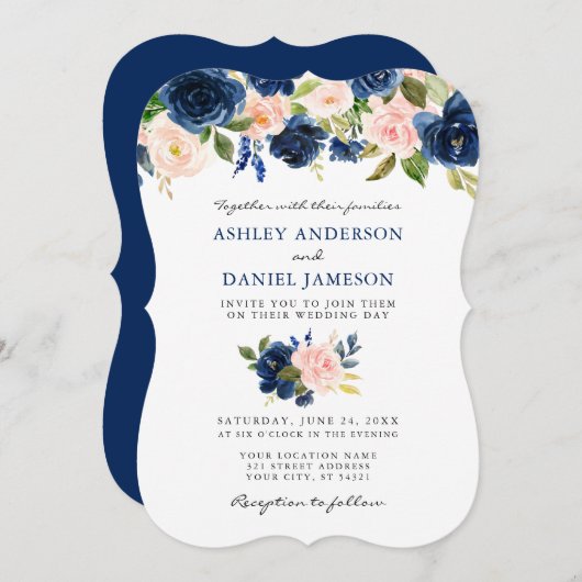 Klassische Hochzeit von Blauer Rosa Einladung (Vorne/Hinten)