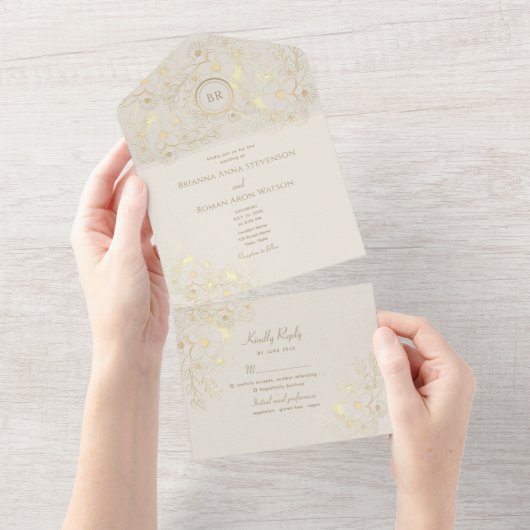 Klassische Hochzeit von Elfenbein und Gold All In One Einladung (Abreißen)