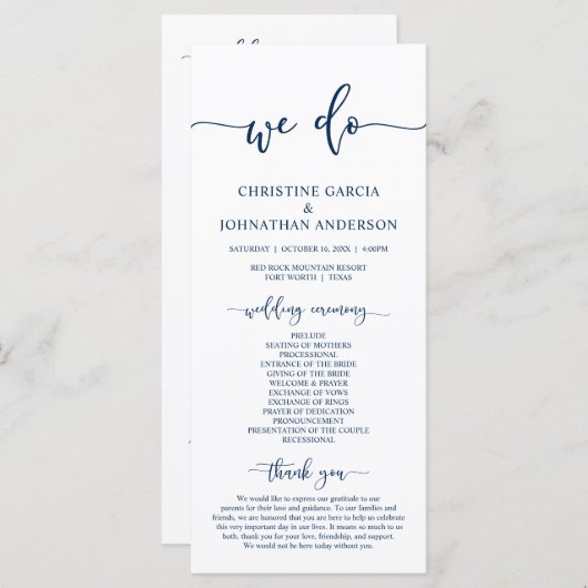 Klassische Hochzeitskarte Programm (Vorne/Hinten)