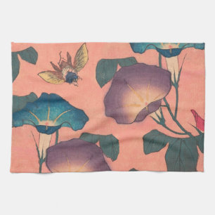 Klassische Hokusai-Kunst der rosa Biene und Blume Geschirrtuch