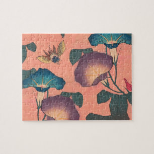 Klassische Hokusai-Kunst der rosa Biene und Blume Puzzle