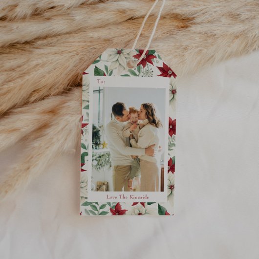 Klassische Holiday Poinsettia Foto Geschenkmarke Geschenkanhänger