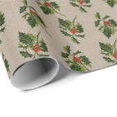 Klassische Holly mit roten Berries auf Leinengrund Geschenkpapier (Rolleneckpunkt)