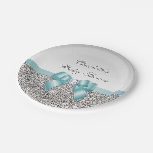 Klassische Imitate Aquamarin Bow Silver Sequins Ki Pappteller (Schrägansicht)