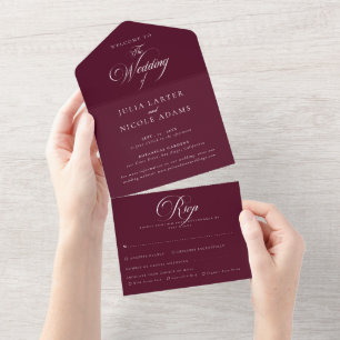 Klassische Ivory Burgund Kalligrafie Hochzeit All In One Einladung
