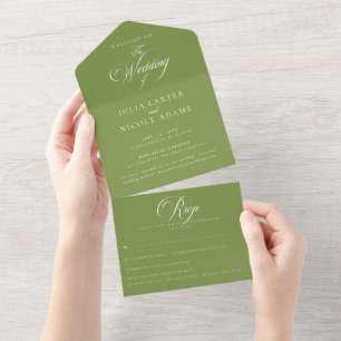 Klassische Ivory-Grün-Kalligrafie-Hochzeit All In One Einladung