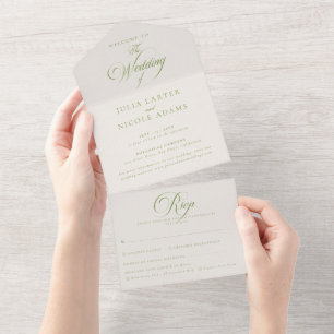 Klassische Ivory-Grün-Kalligrafie-Hochzeit All In One Einladung