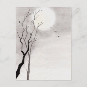 Klassische japanische Nachtmondszenerie im Sumi-e- Postkarte