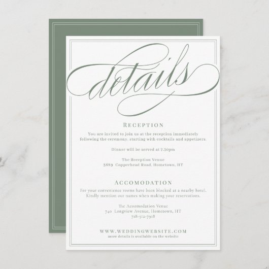 Klassische Kalligrafie Script White and Sage Weddi Begleitkarte (Vorne/Hinten)