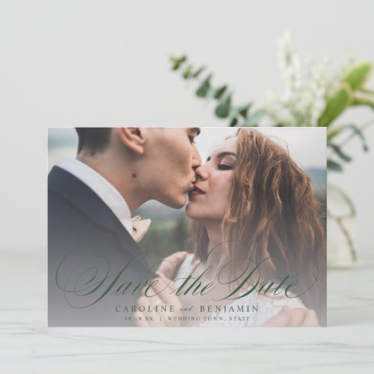 Klassische Kalligraphie Foto Hochzeit speichern da Save The Date (Stehend Vorderseite)