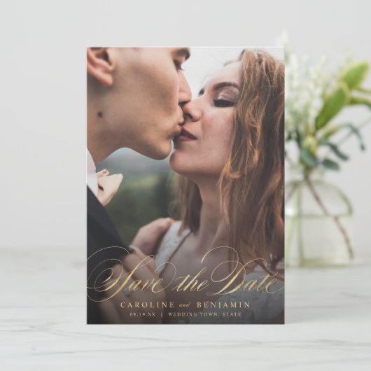 Klassische Kalligraphie Foto Hochzeit speichern da Save The Date (Stehend Vorderseite)