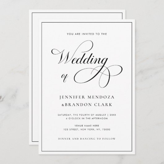 Klassische Kalligraphie Schwarz-weiß in einer Hoch Einladung (Vorne/Hinten)